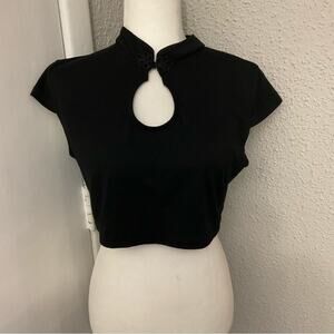 SHEIN Black Frog Closure Keyhole Front Crop Top Blouse L Goth Coquette Girl Punk